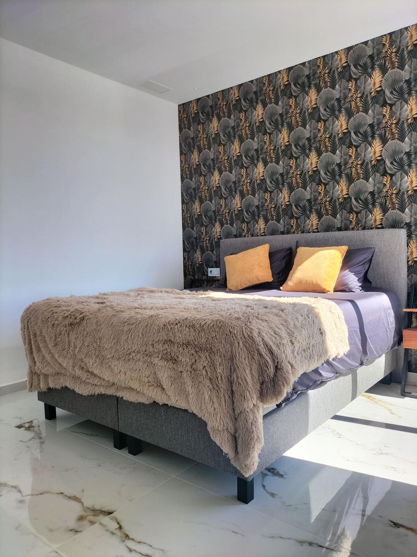 Bedroom detail showing ceiling height, new-build villa, Pinar de Campoverde