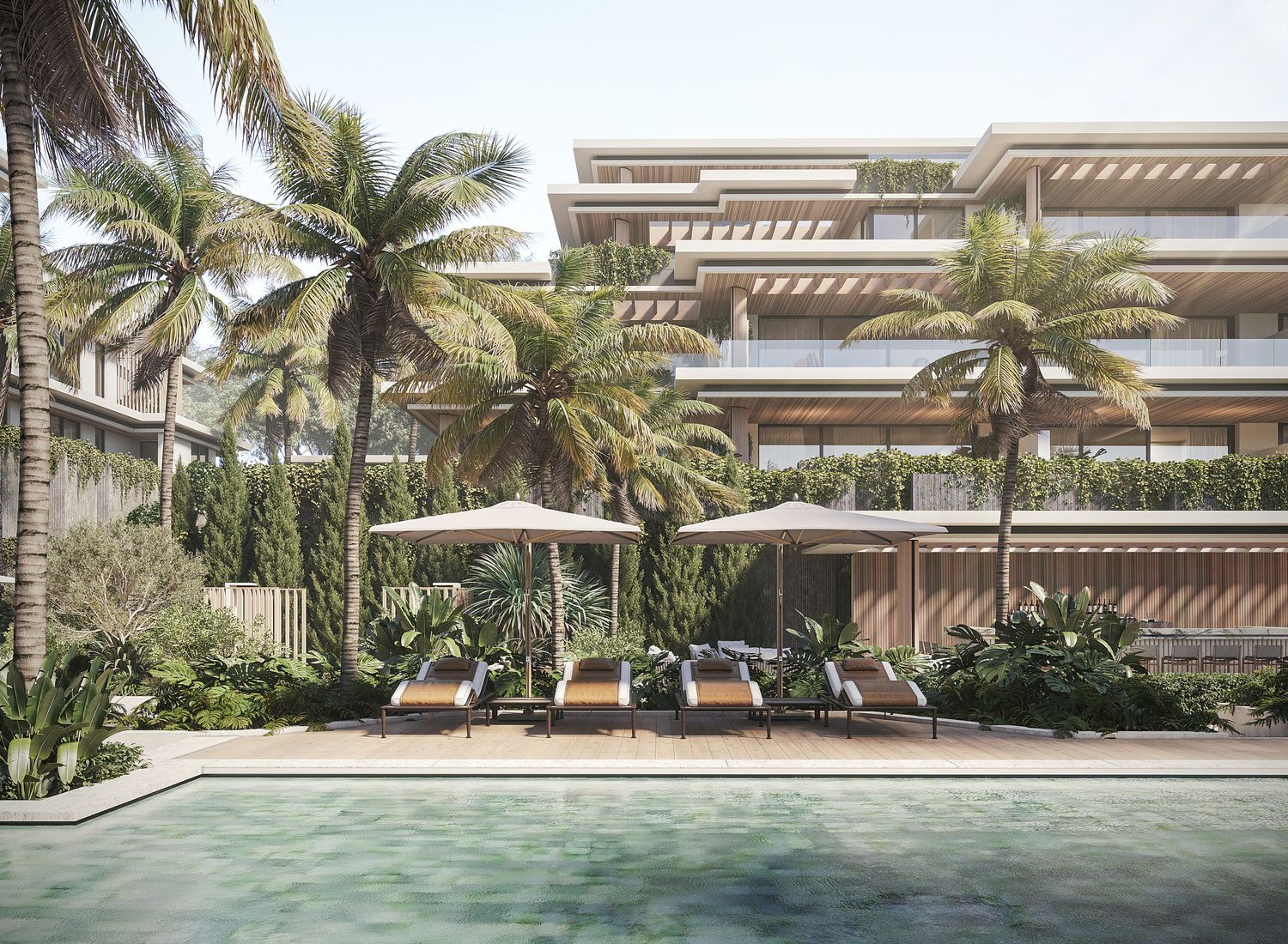 Pool terrace with sun lounger area, Whater Gardens, Estepona