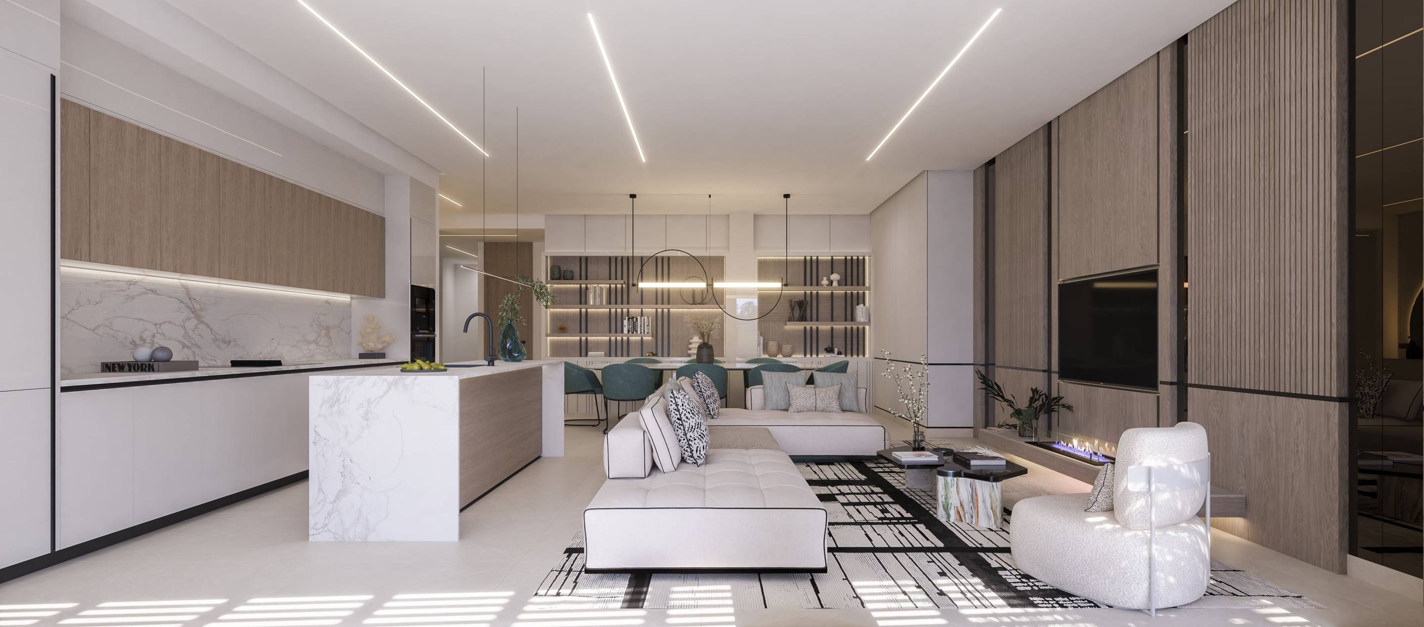 Interior render of living space, new-build apartment, Los Almendros