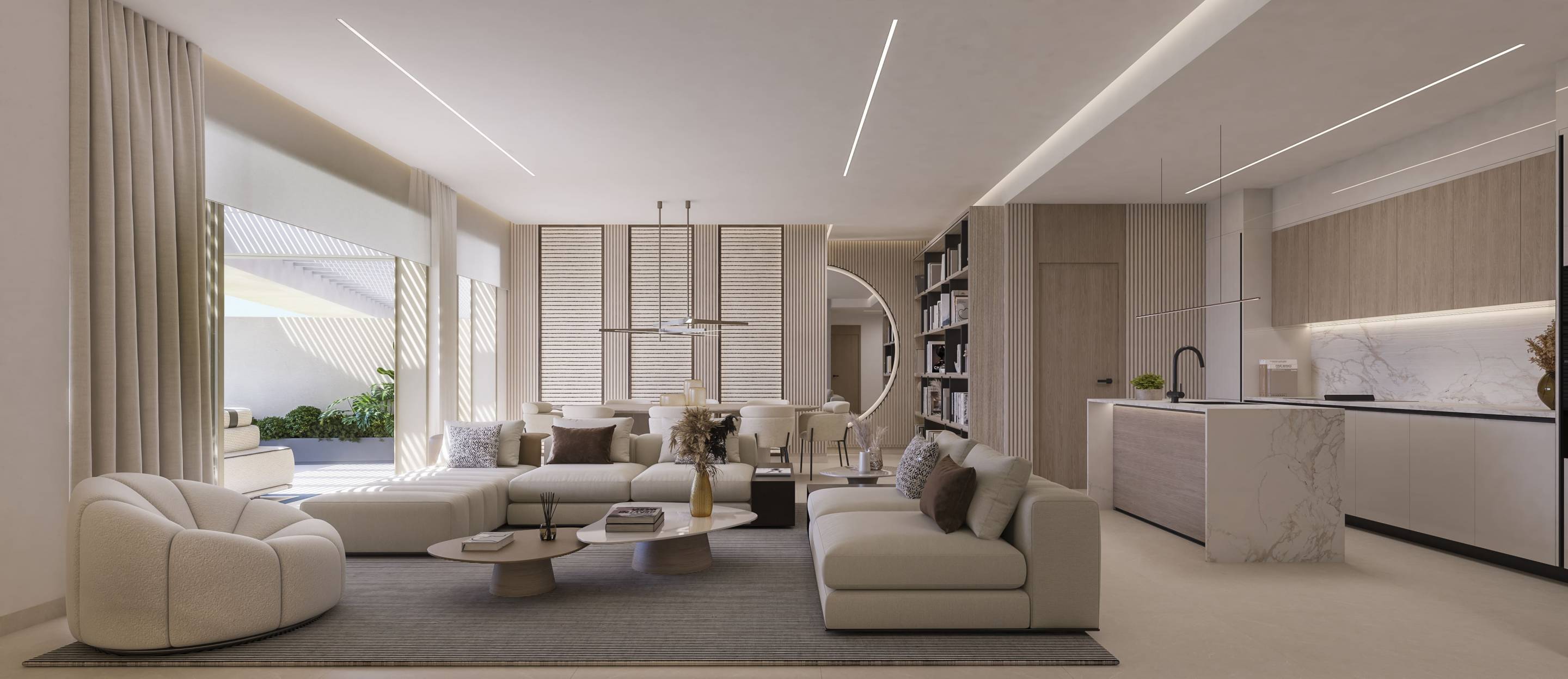 Open living and kitchen space in new-build apartment, Los Almendros