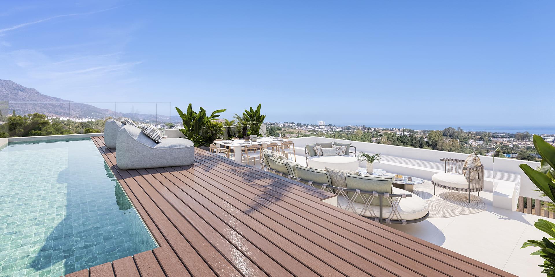 Terrace furniture area with surrounding greenery, Los Almendros