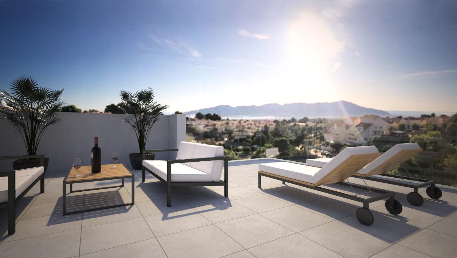 Solarium terrace with views towards mountains, Coloma villa