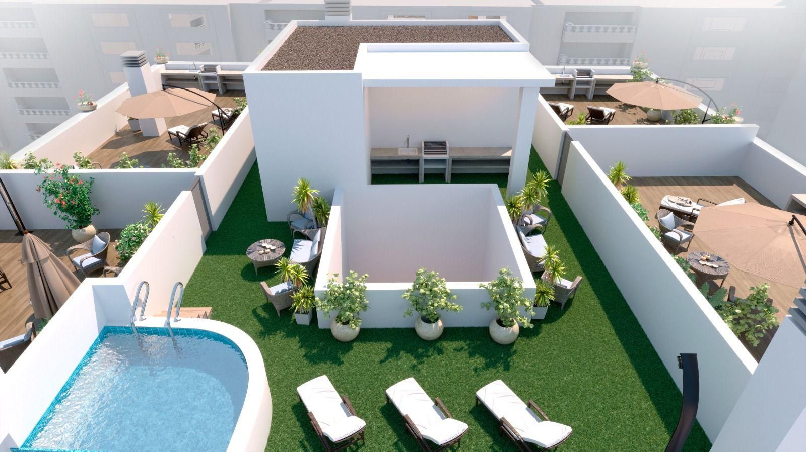Communal pool from above, new-build building, Centro, Torrevieja