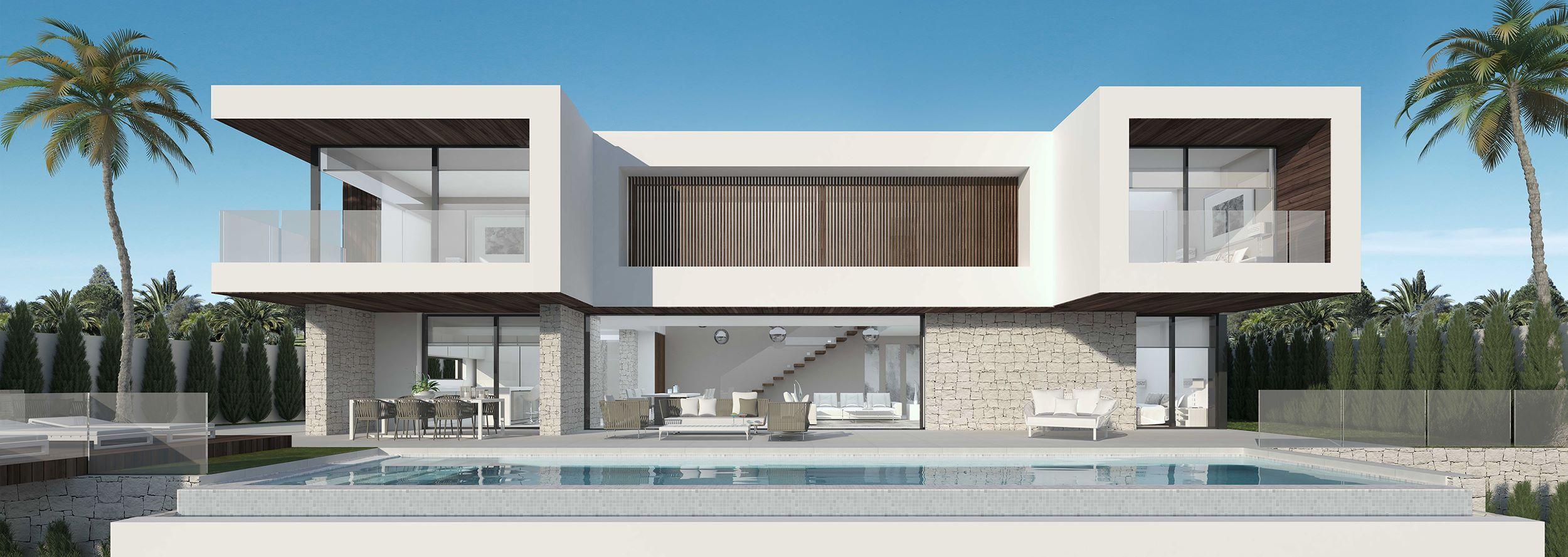 Villa for sale in Los Flamingos, Benahavis - exterior view of new-build villa with large plot