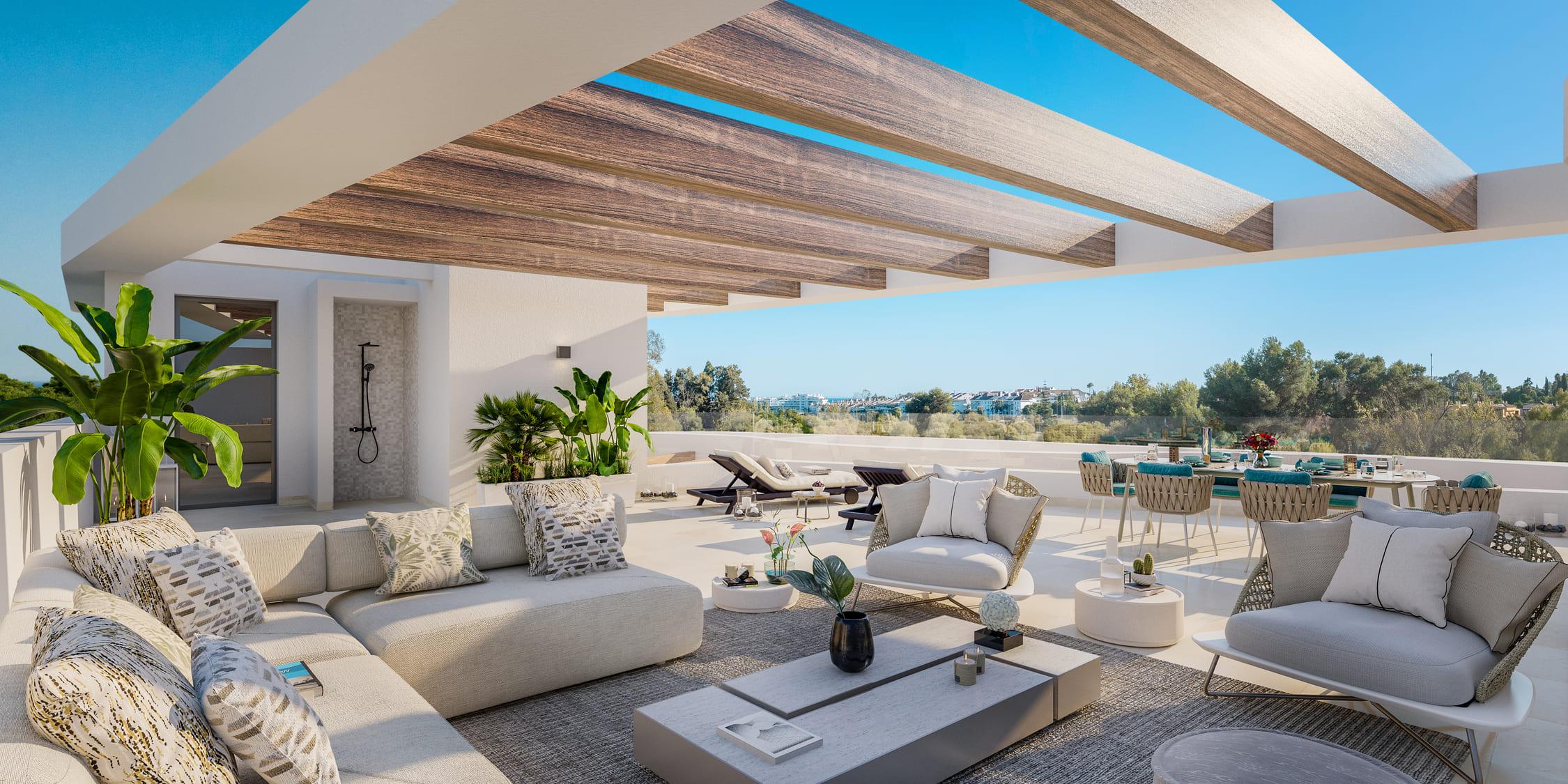 Open-plan living area in 3-bedroom new-build apartment, Guadalmina Alta, Marbella