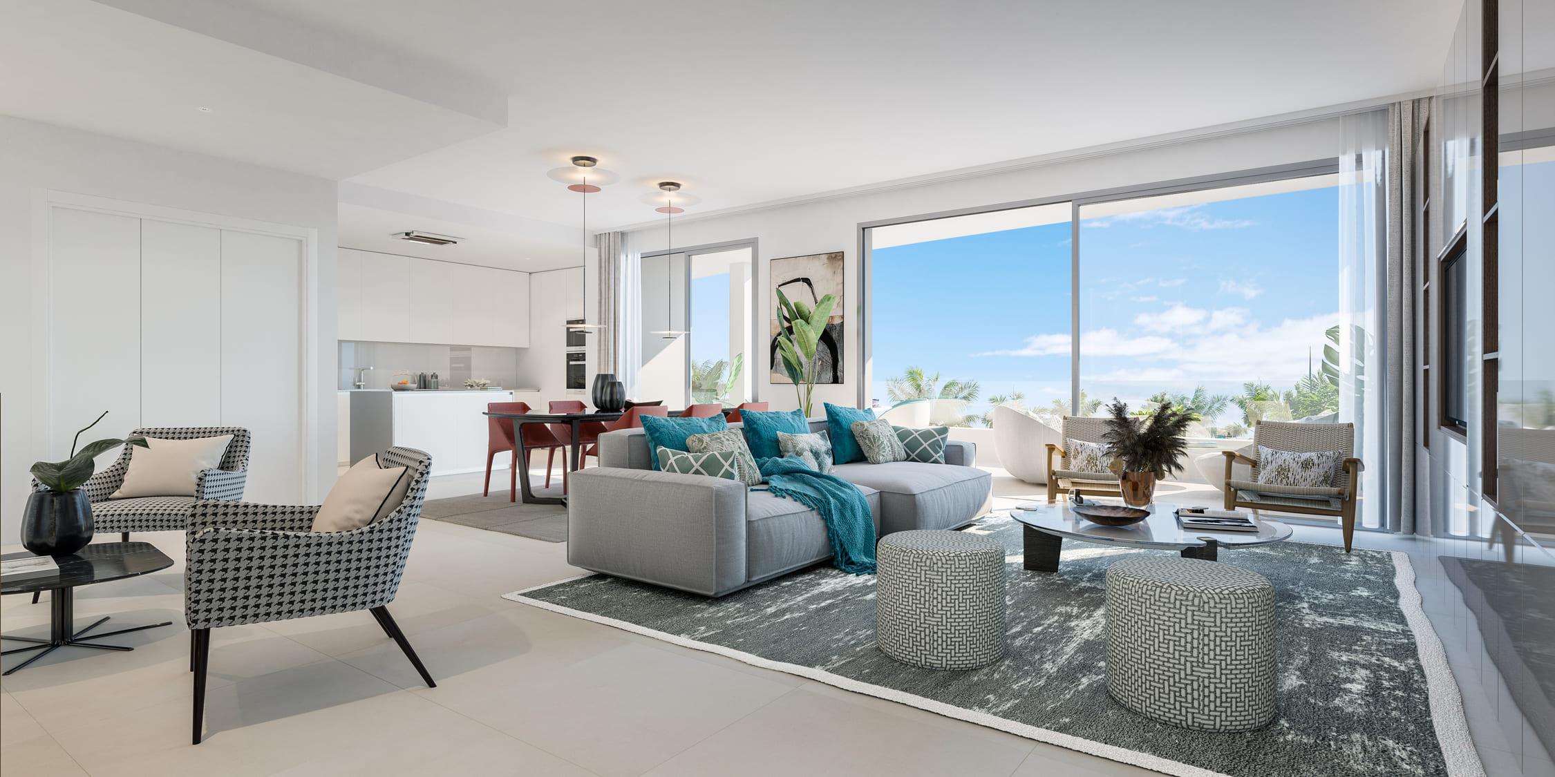 Building entrance and lift lobby in new-build apartment complex, Guadalmina Alta