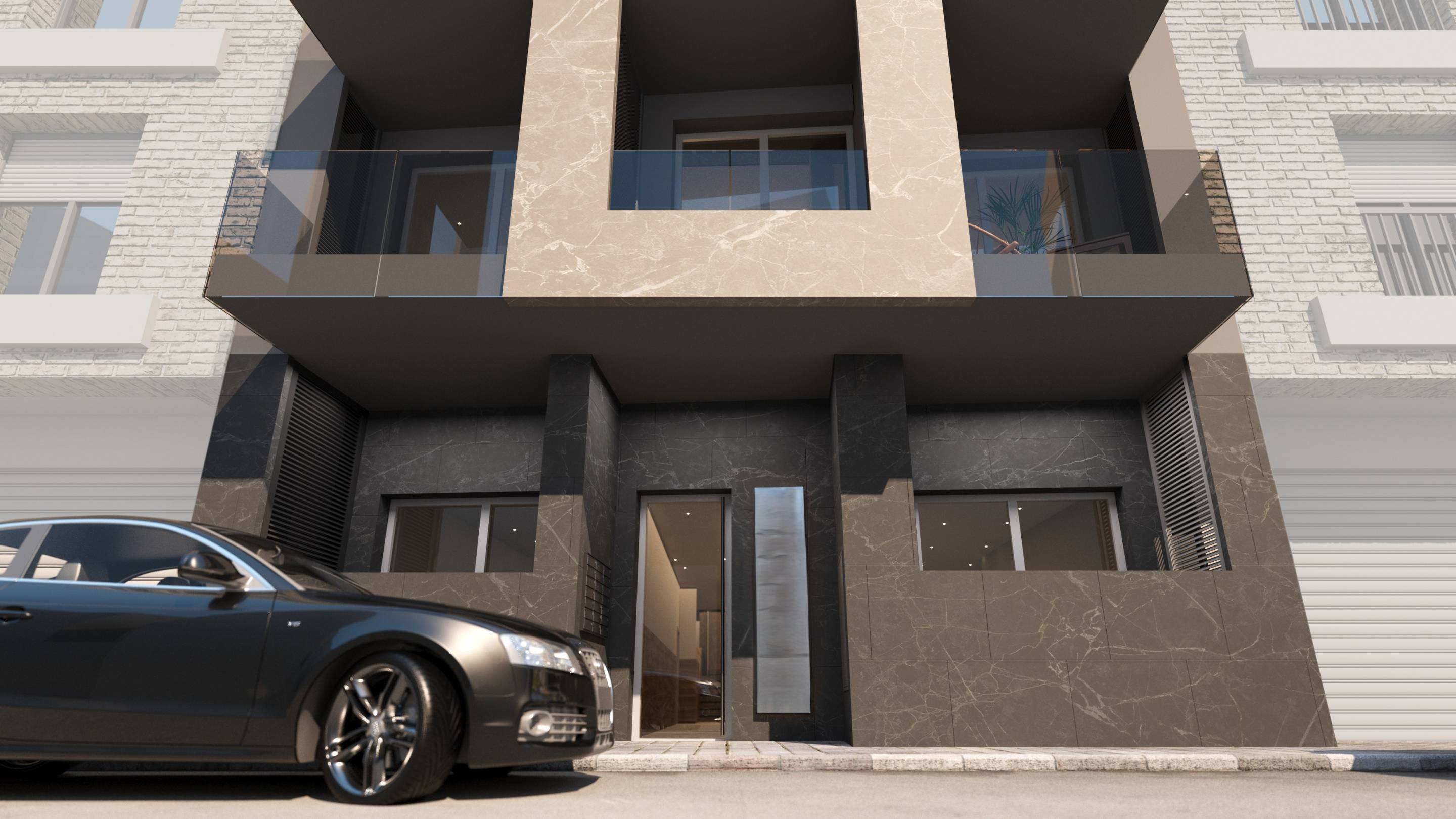 Street-level view of new-build block in Centro, Torrevieja