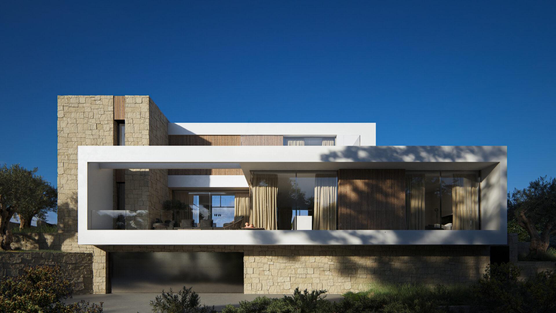 Front facade and entrance of new-build villa in Pinar de Advocat-Cometa, Moraira