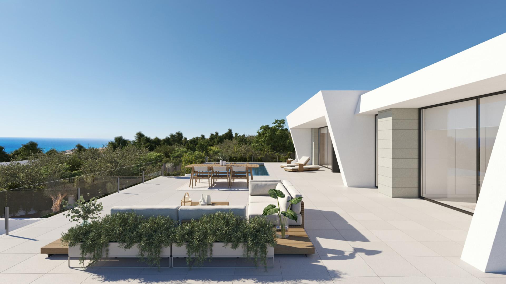 Rear exterior of new-build villa showing plot, Benitachell
