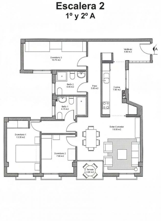 Floor plan of the 3-bedroom apartment in Jerónimo Y Avileses