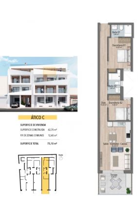 Floor plan of the 2-bedroom penthouse in Estacion de autobuses