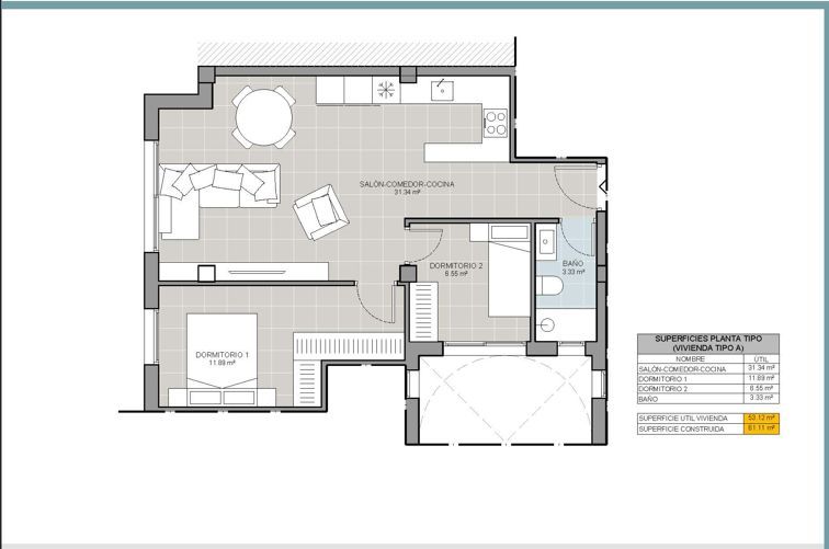 Floor plan of 61m2 2-bedroom apartment, Acequion, Torrevieja
