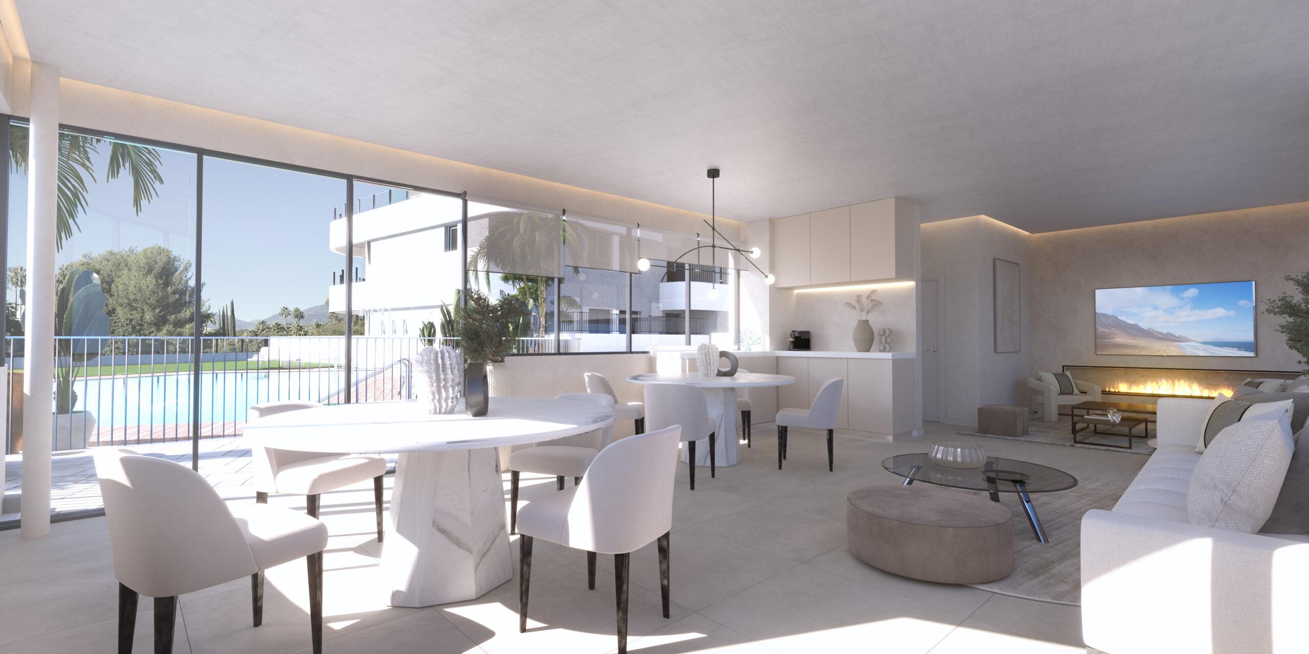 Development exterior showing three-storey facade, Alto de los Monteros, Marbella