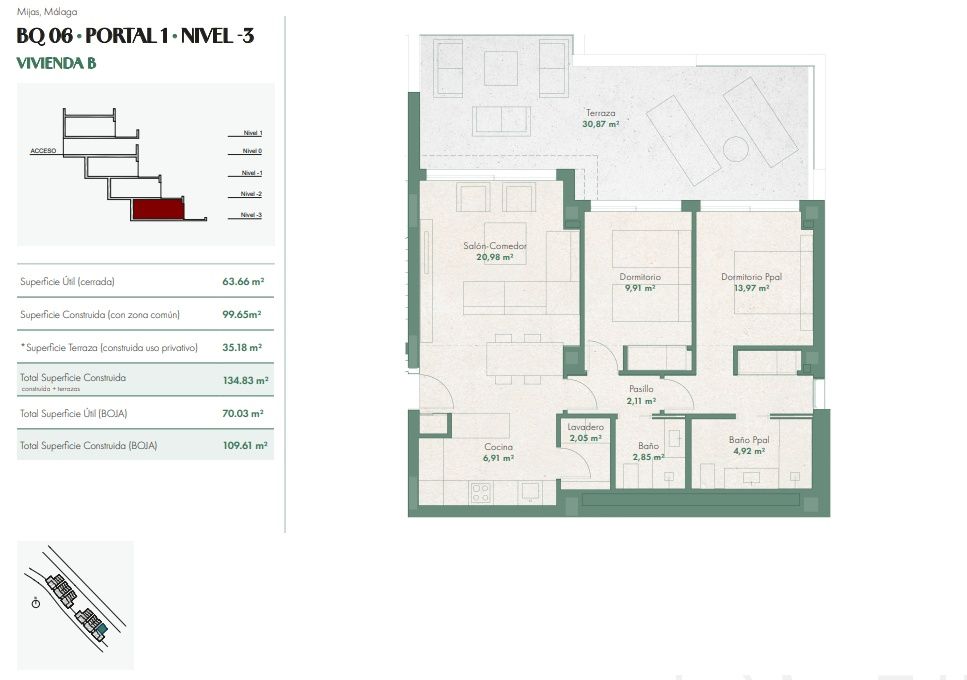 Floor plan of 134m2 new-build apartment on third floor, La Cala de Mijas
