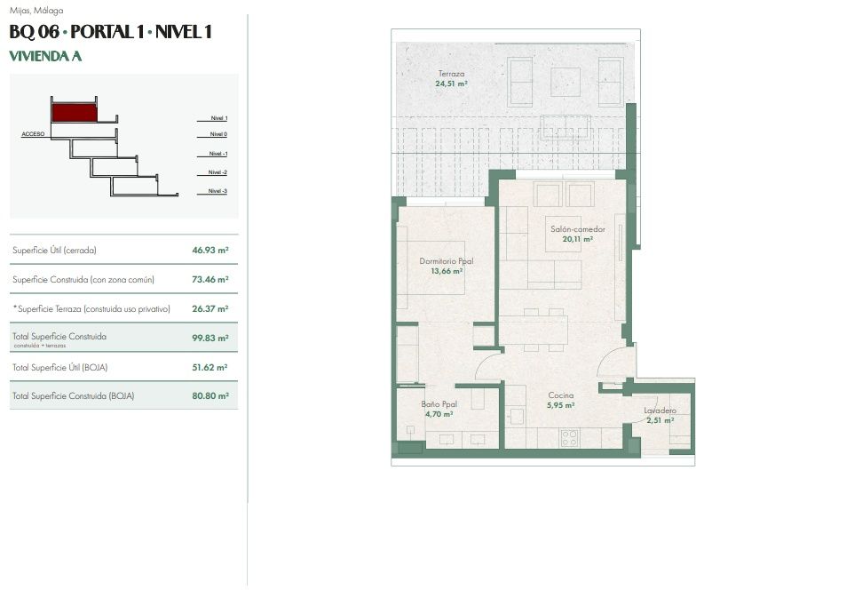 Floor plan of 1-bedroom new-build apartment, La Cala de Mijas, 99m2