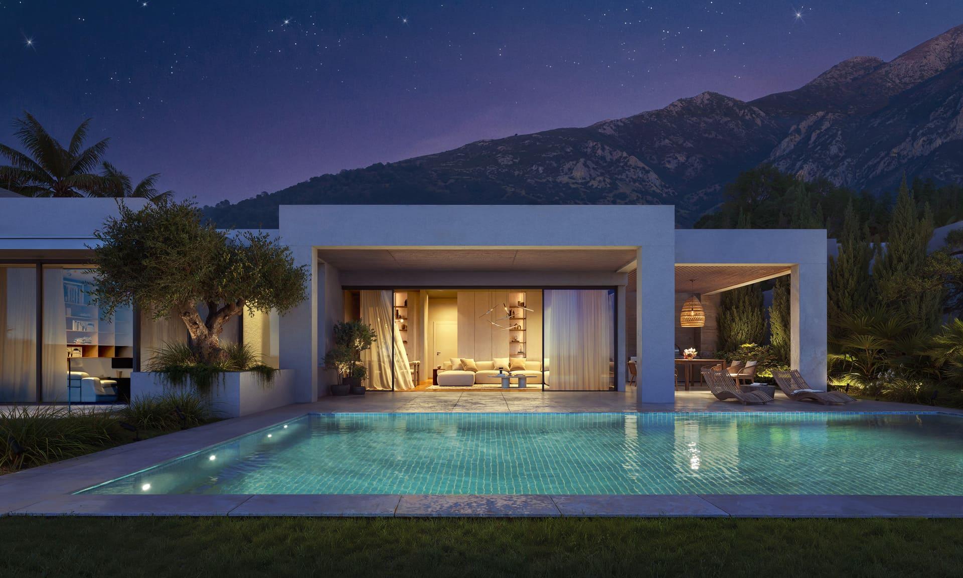 Rear garden with pool surround in villa, El Higuerón, Mijas