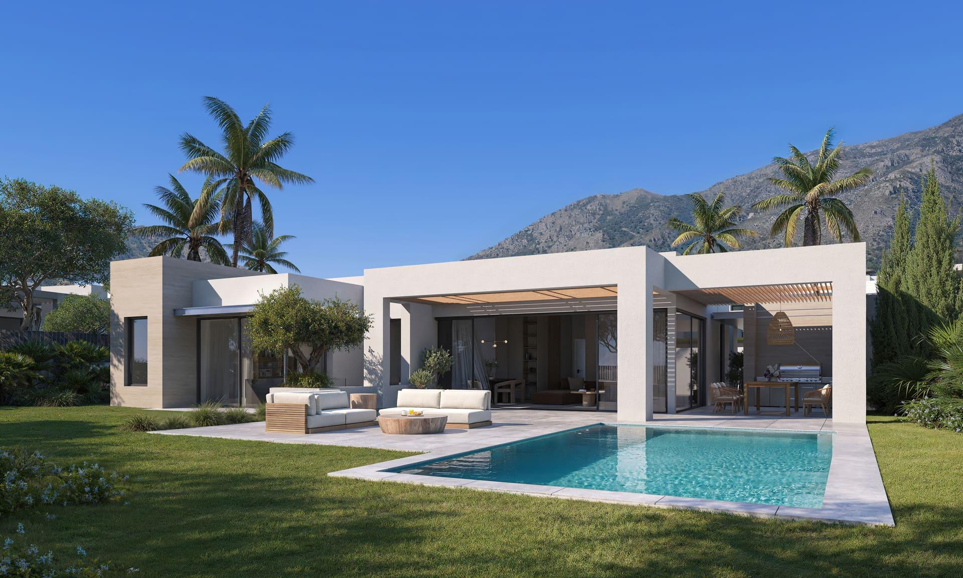 Dusk exterior of new-build villa in El Higuerón, Mijas