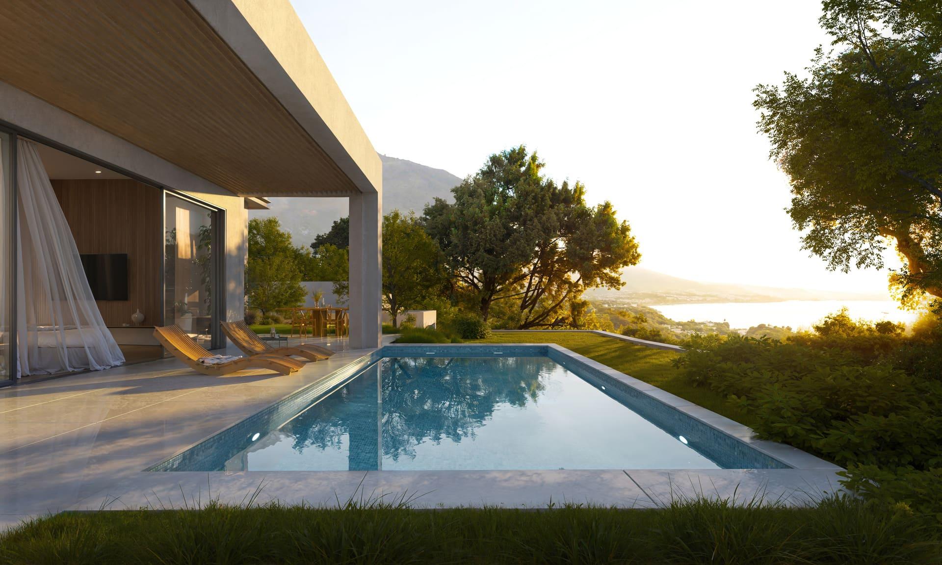 Rear garden view of new-build villa in El Higuerón, Mijas