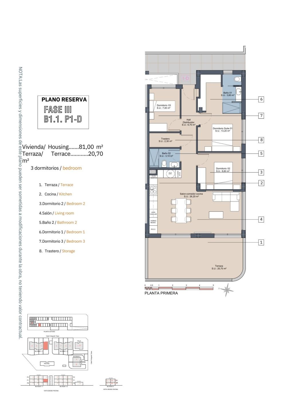 Floor plan of the 3-bedroom apartment in Las Lomas del Rame-Bahía Bella