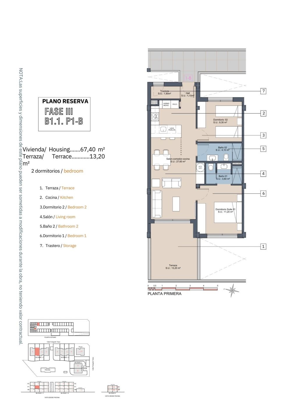 Floor plan of the 2-bedroom apartment in Las Lomas del Rame-Bahía Bella