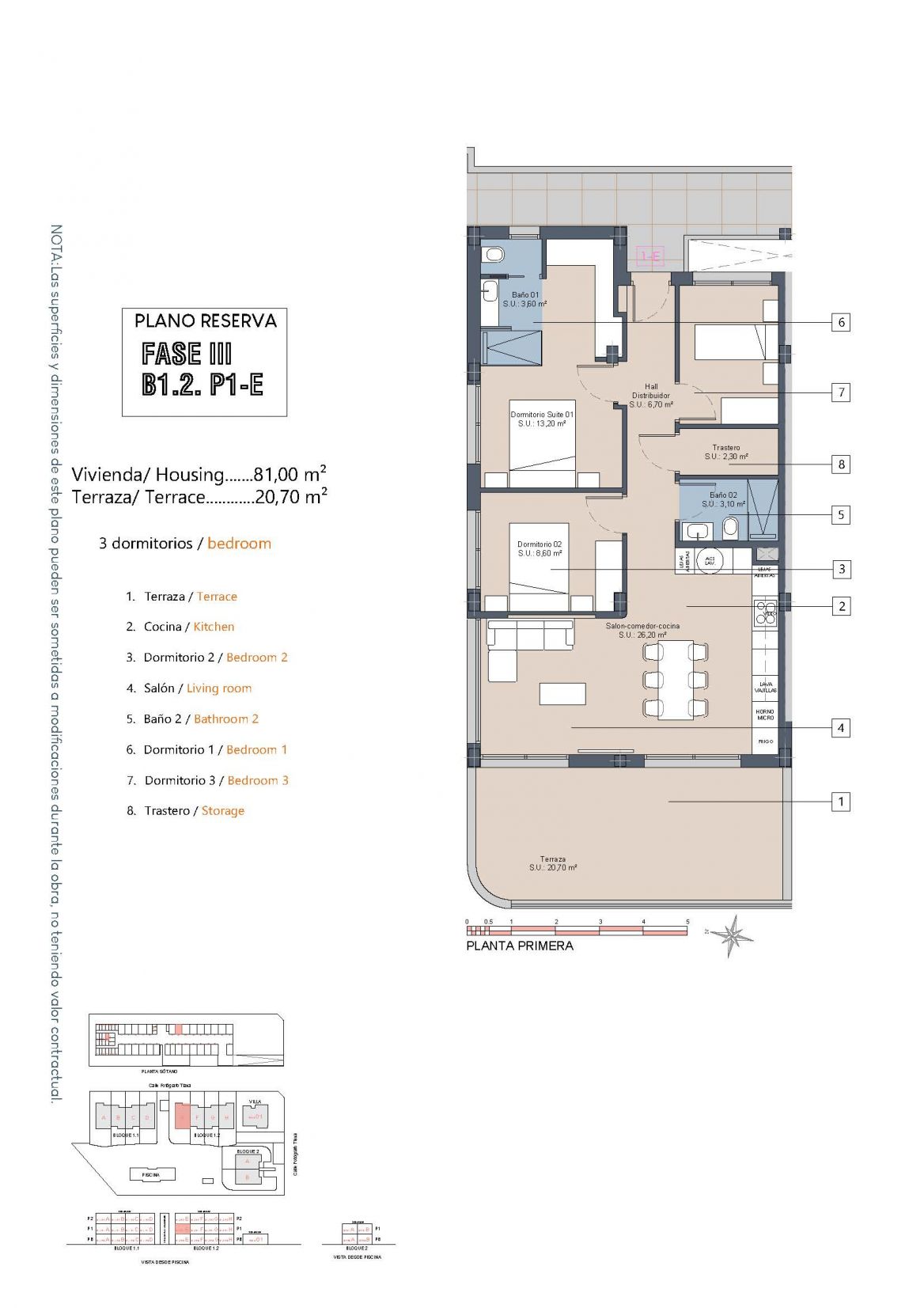 Floor plan of the 3-bedroom apartment in Las Lomas del Rame-Bahía Bella