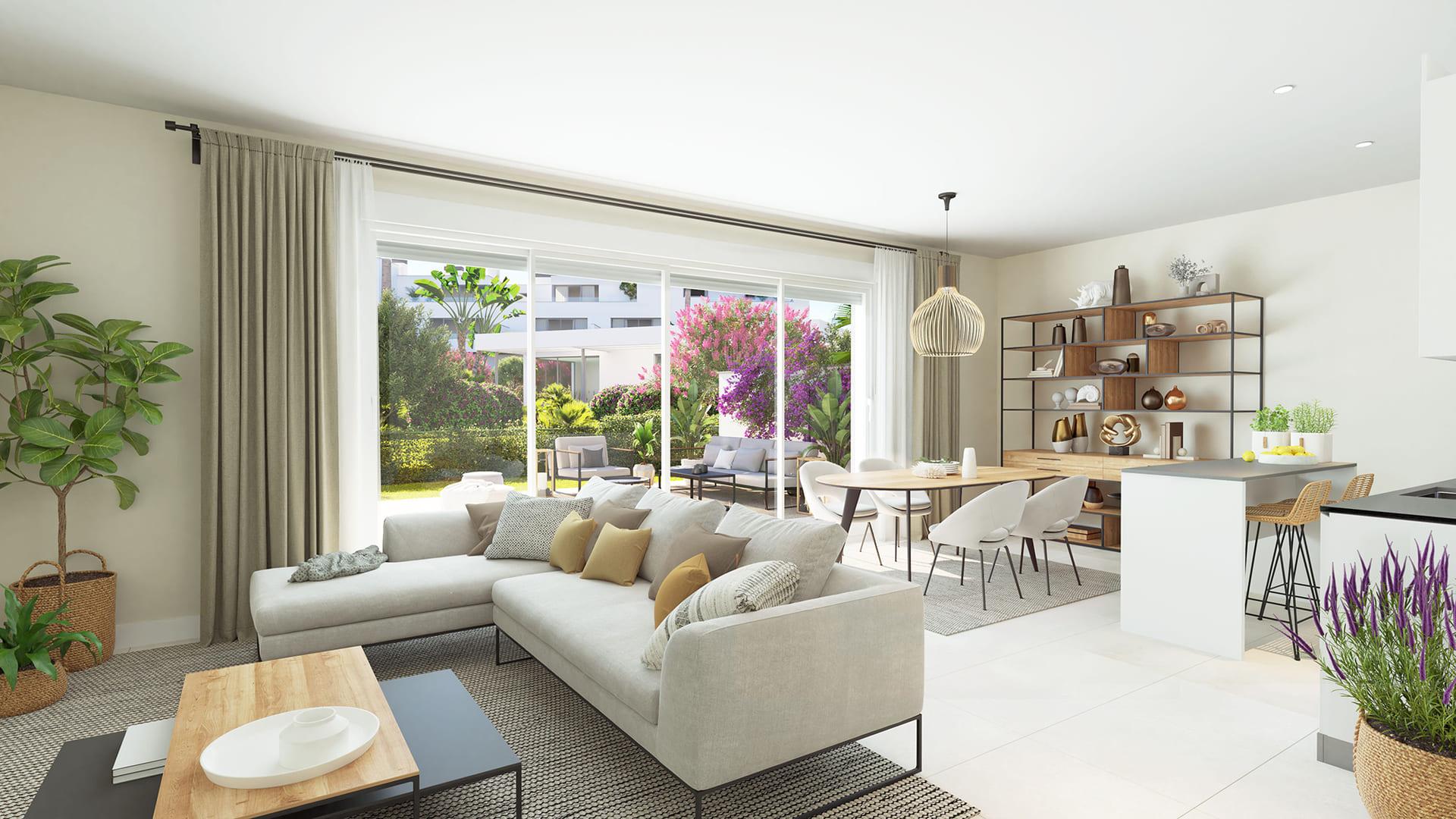 Living room with window aspect in apartment, Los Flamingos, Estepona