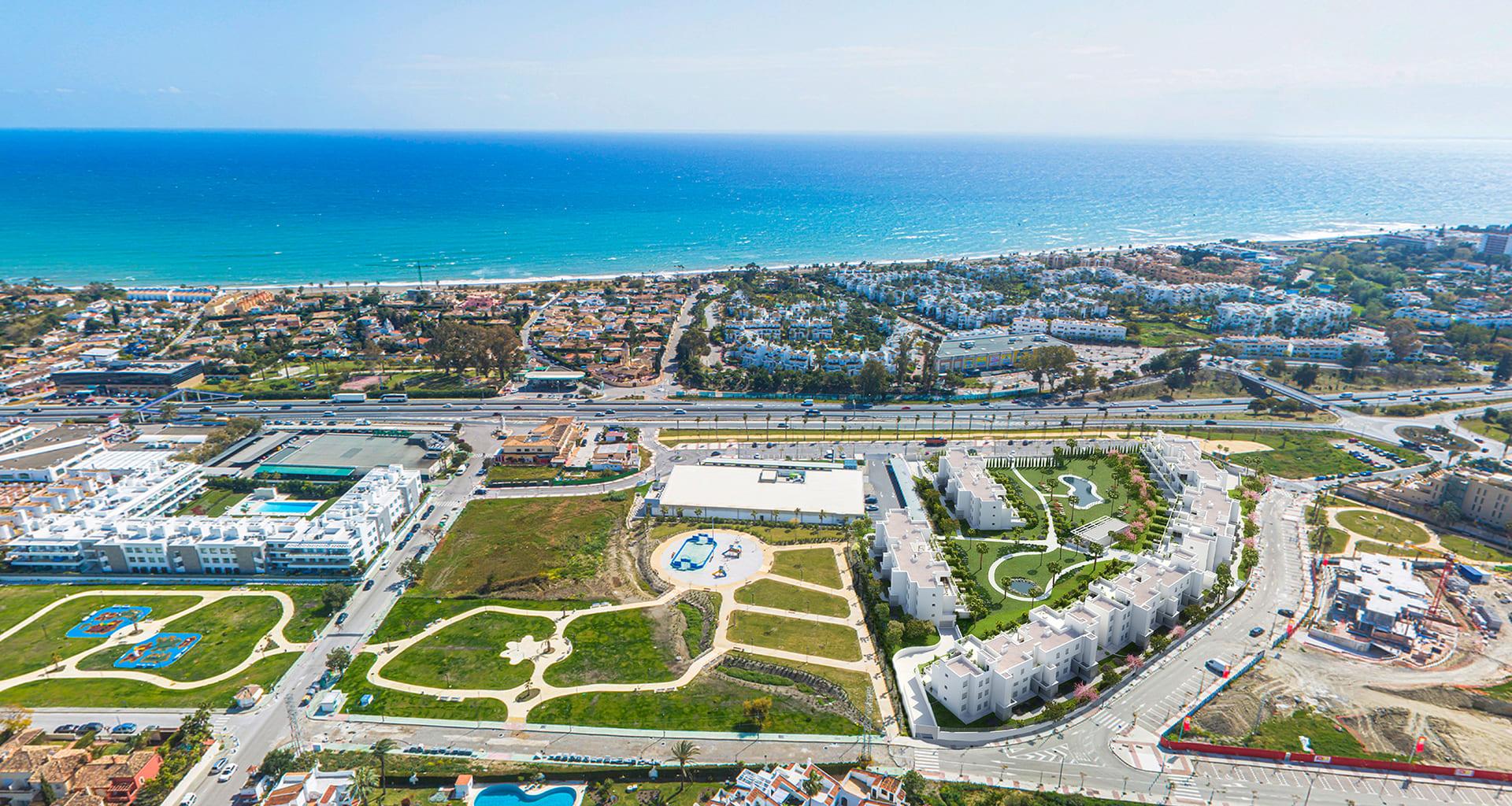 Communal gardens within new-build development, Los Flamingos