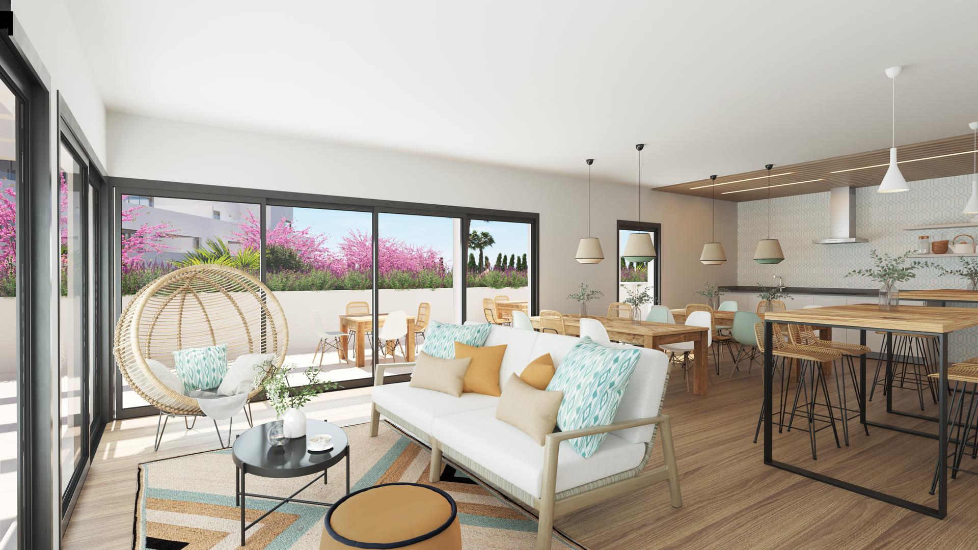 Living area in 2-bedroom new-build apartment, Los Flamingos, Estepona