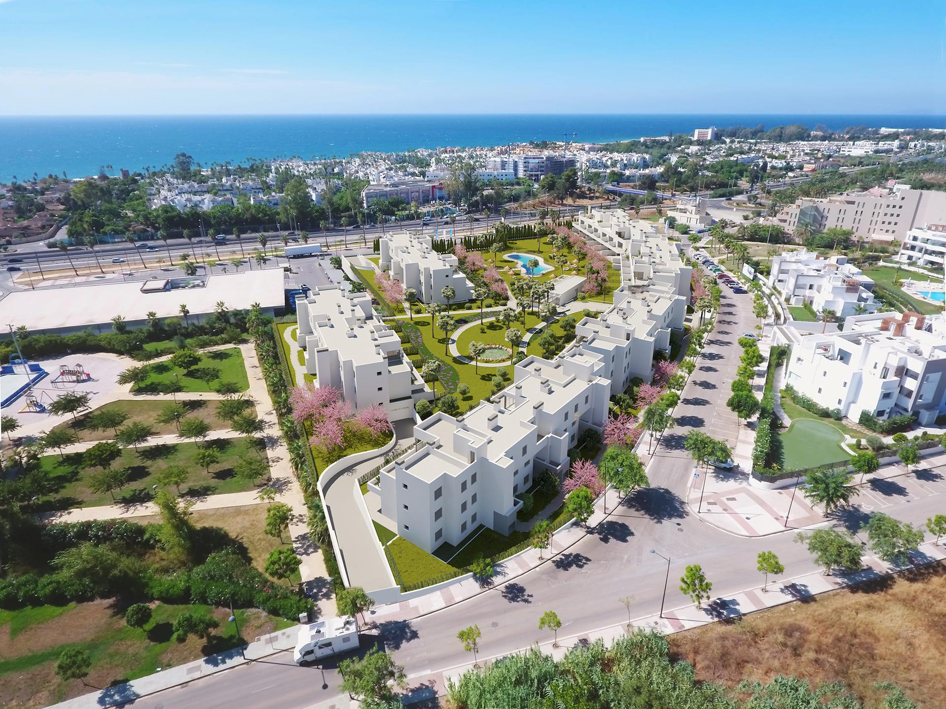 Aerial or site view of Los Flamingos development, Estepona