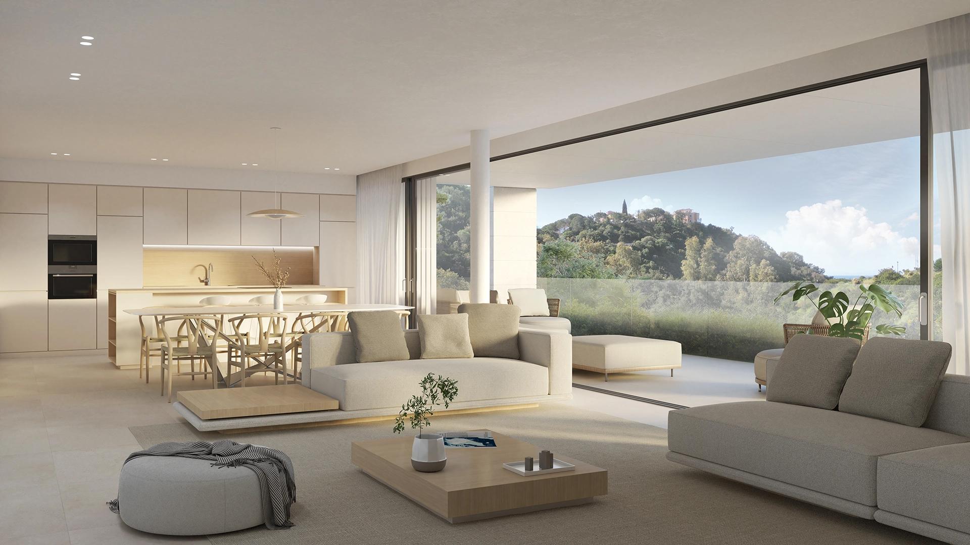 Open-plan living area in 2-bedroom penthouse, Santa María, Marbella