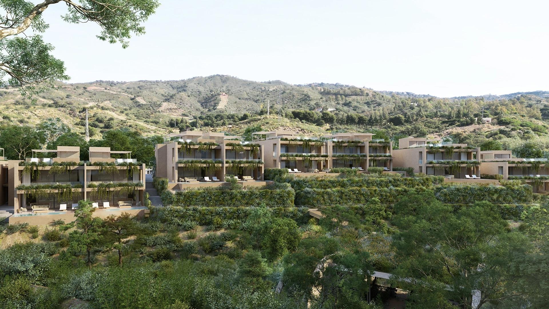 Development exterior showing top-floor penthouse position, Santa María, Marbella