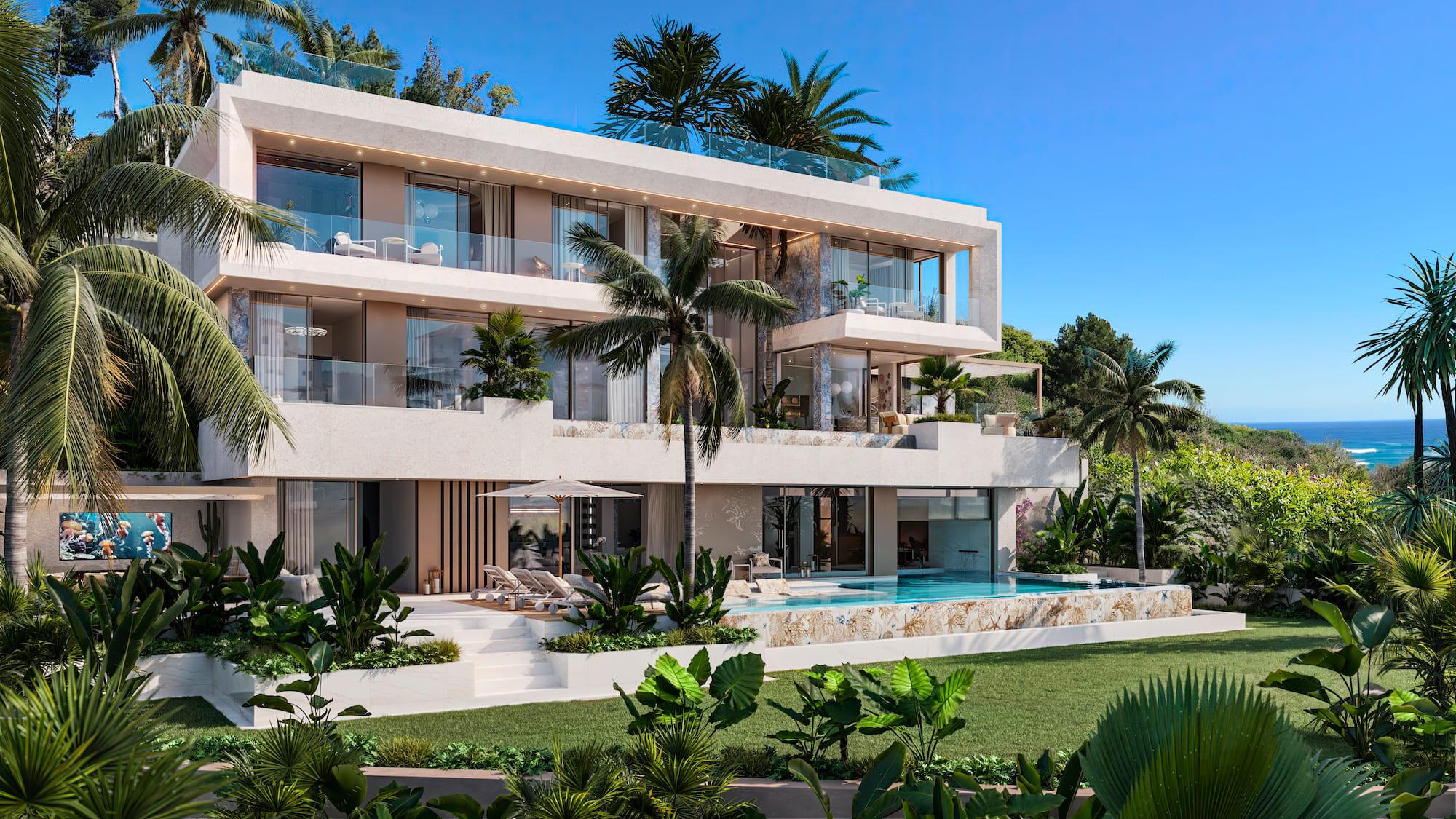Night exterior of villa with pool lighting, Puerto, Marbella