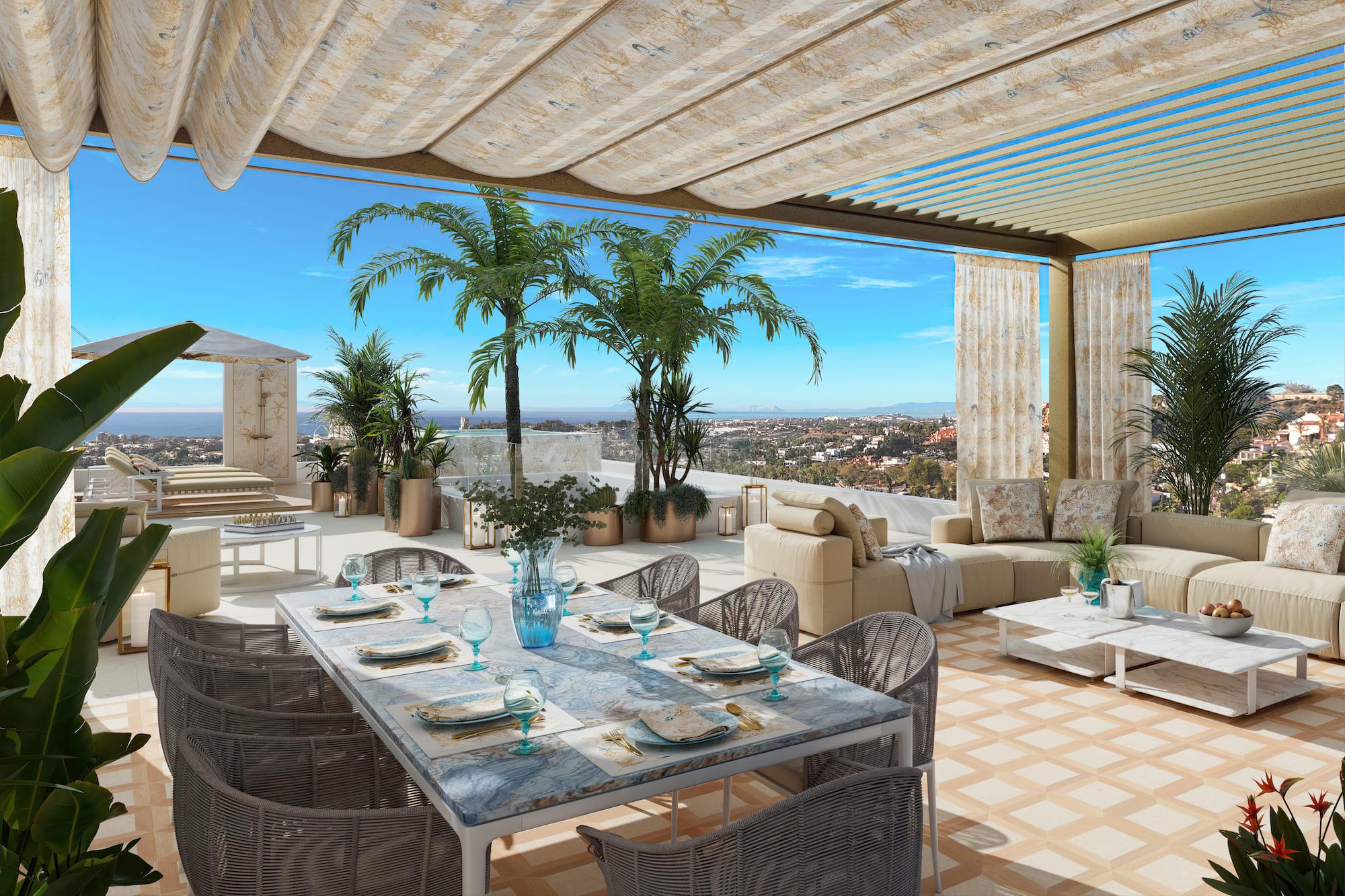 Terrace with outdoor loungers, new-build villa, Puerto, Marbella