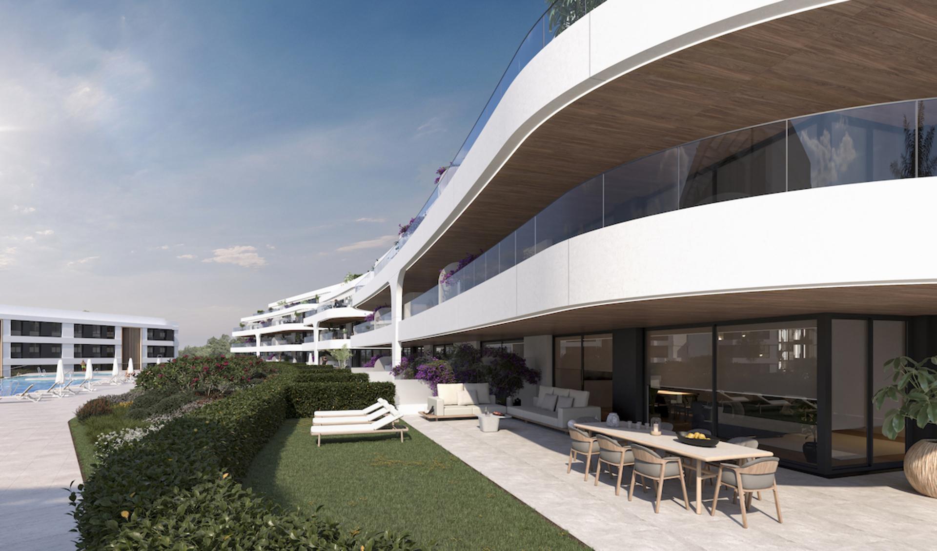 Side elevation of new-build apartment building, Atalaya, Estepona