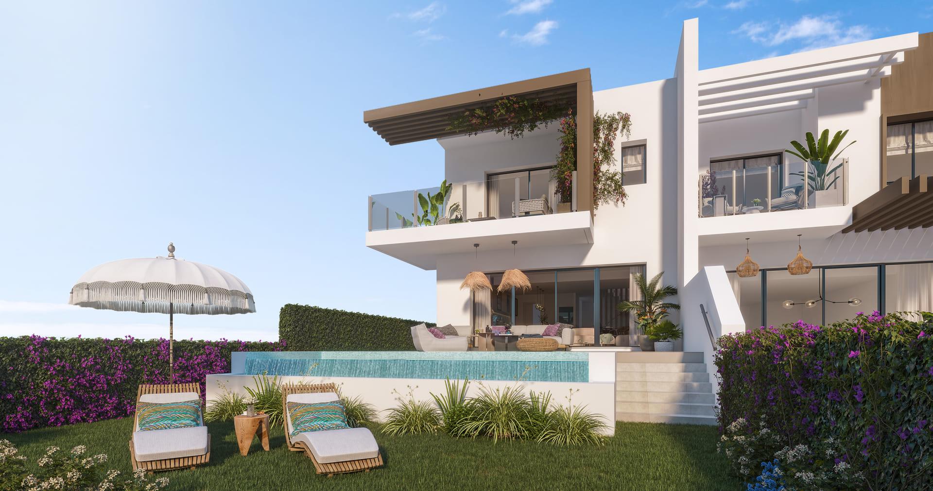 Aerial or site view of new-build villa development in Calaburra, Mijas