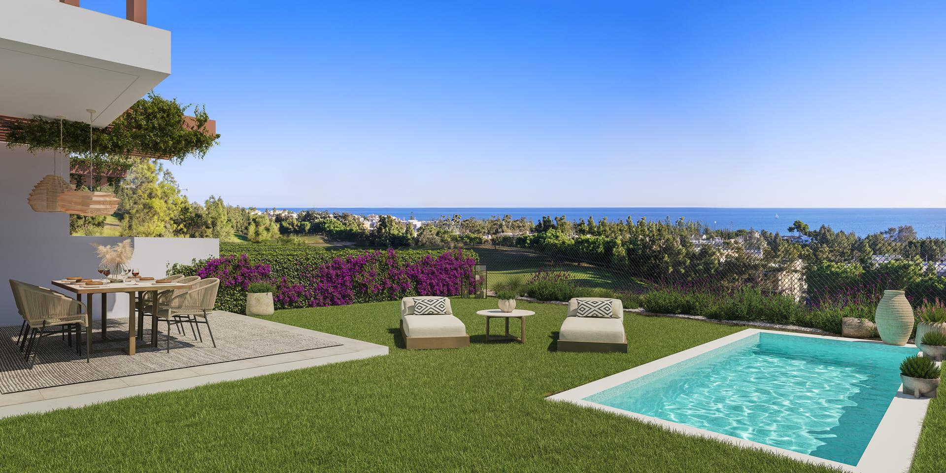 Outdoor terrace area of new-build villa in Calaburra, Mijas