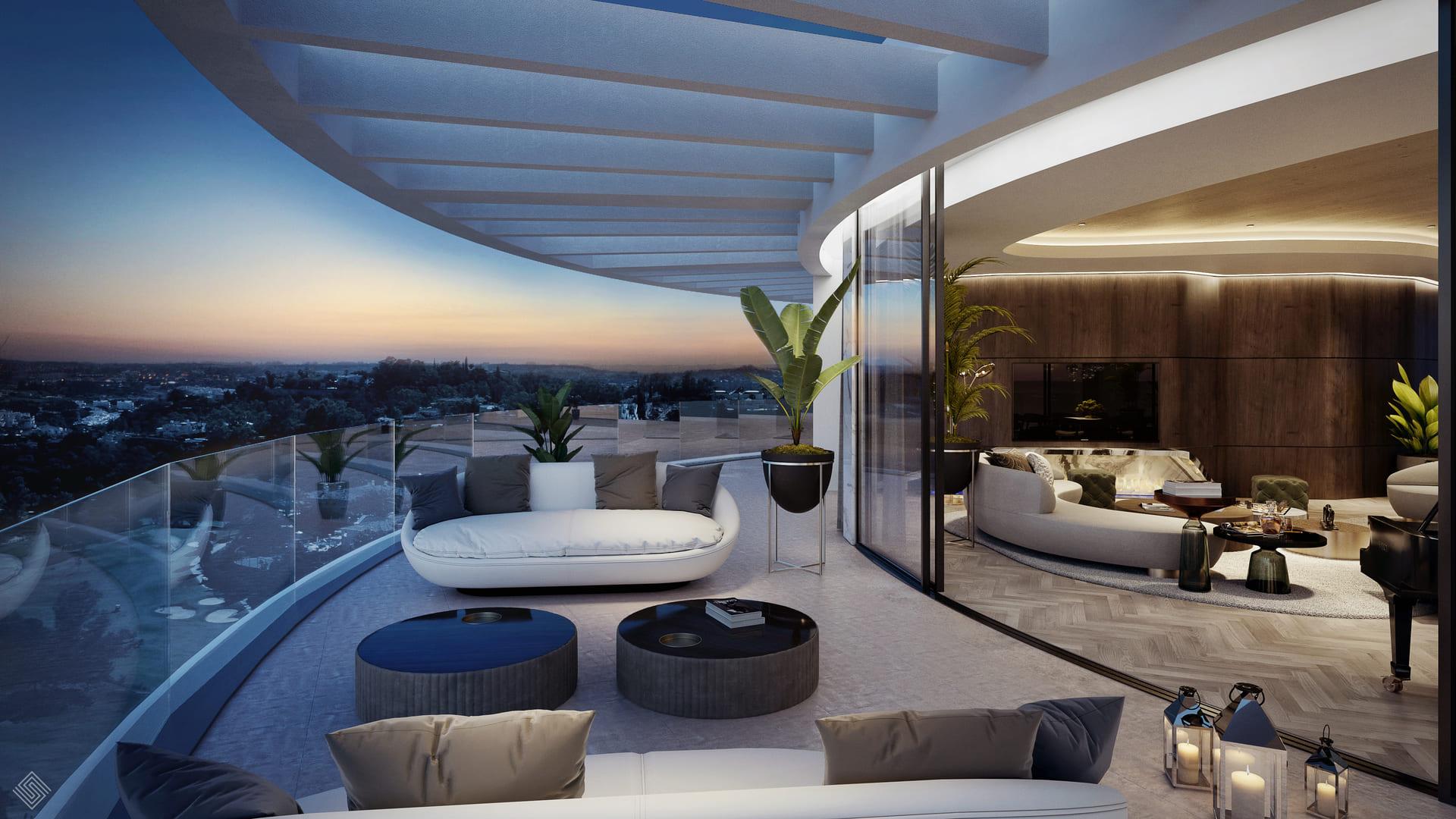 Mountain and golf views from terrace, La Quinta penthouse