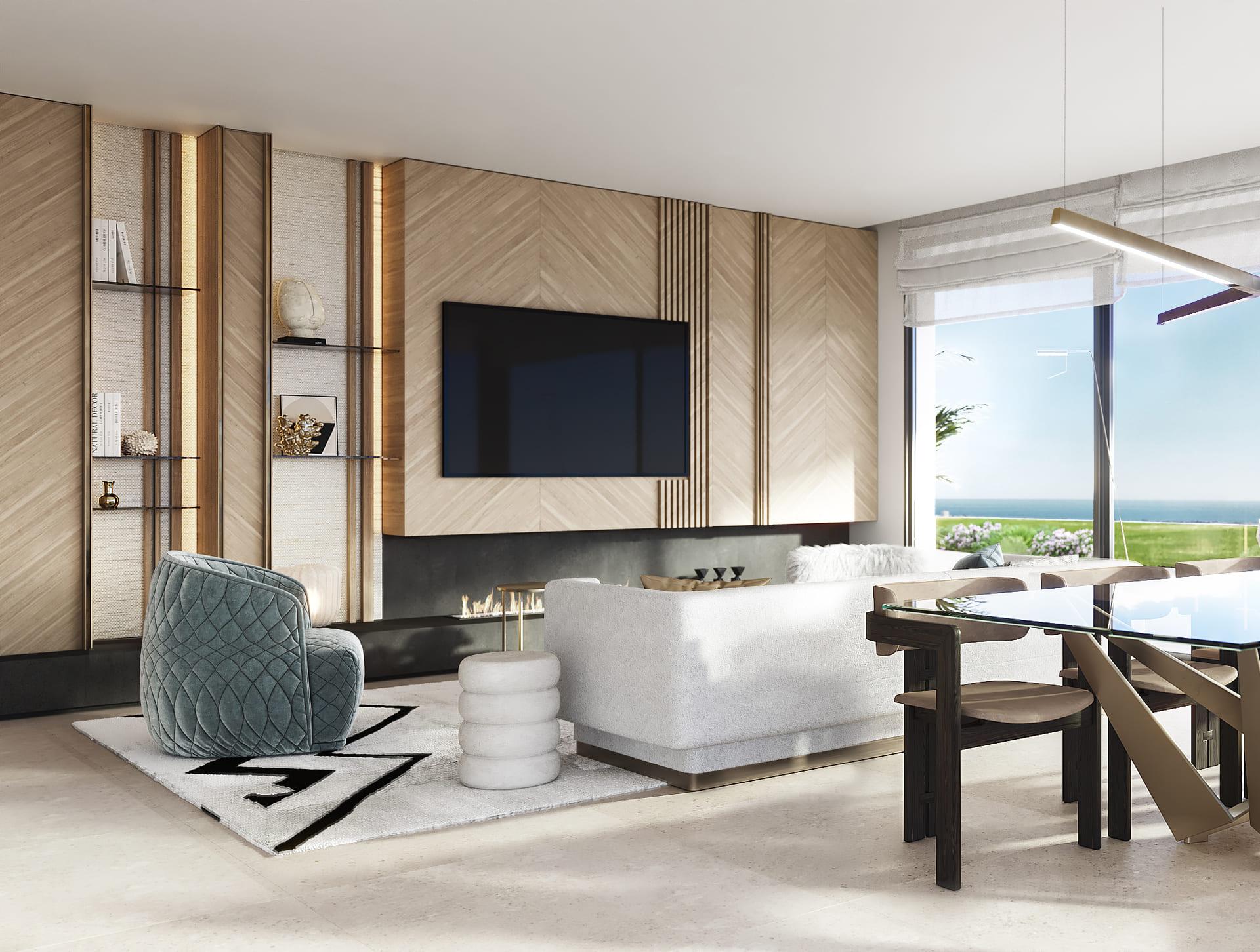 Living room interior in 3-bedroom apartment, La Quinta, Benahavis