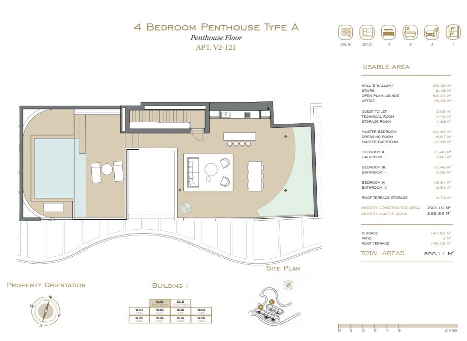 Floor plan - main level of 4-bedroom penthouse in La Quinta, Benahavis