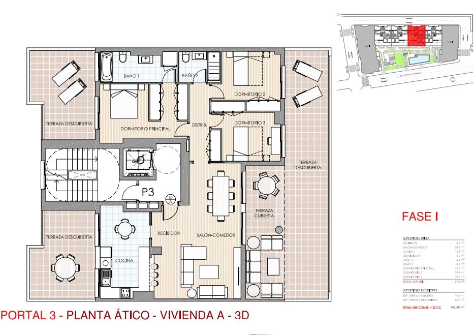 Floor plan of the 3-bedroom penthouse in Paseo de Parra