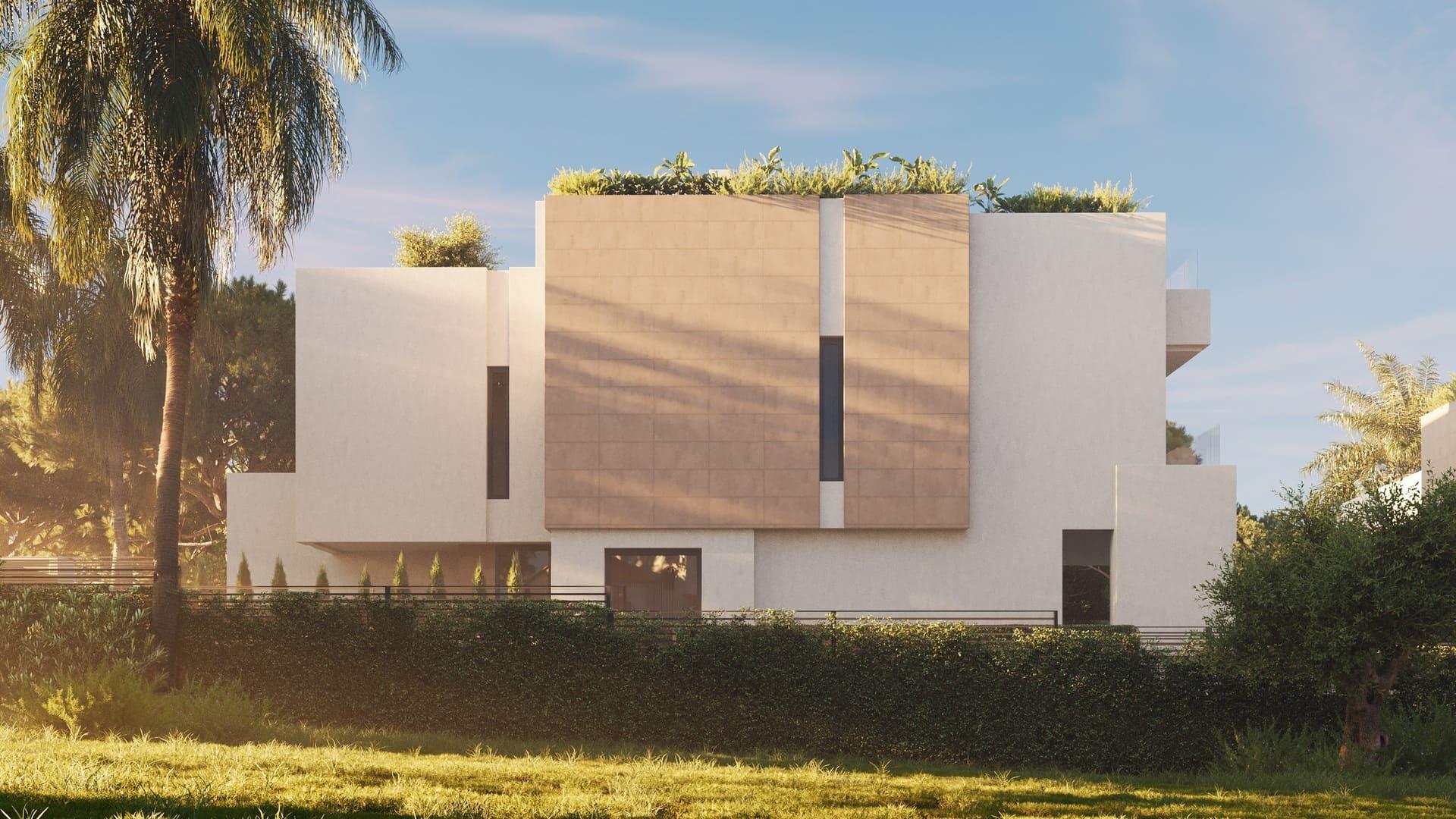 Night-time exterior of new-build villa in Hacienda, Marbella
