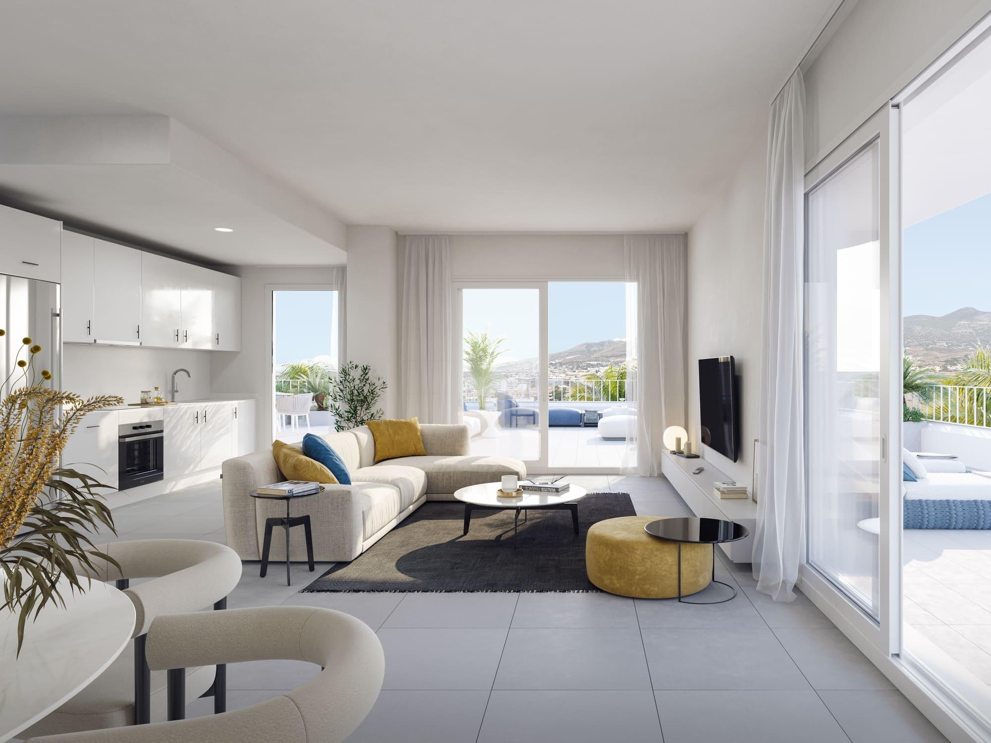 Open-plan living area in 3-bedroom penthouse, Los Pacos, Fuengirola