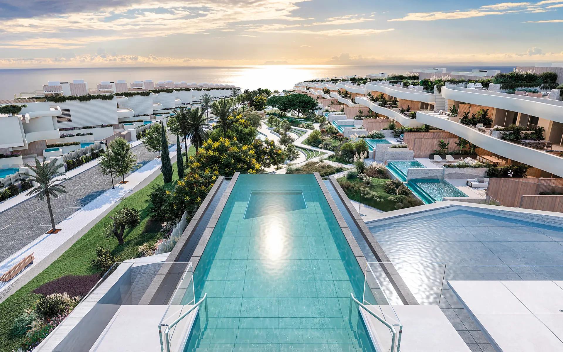 Communal pool area in new-build development, Santa Clara, Marbella