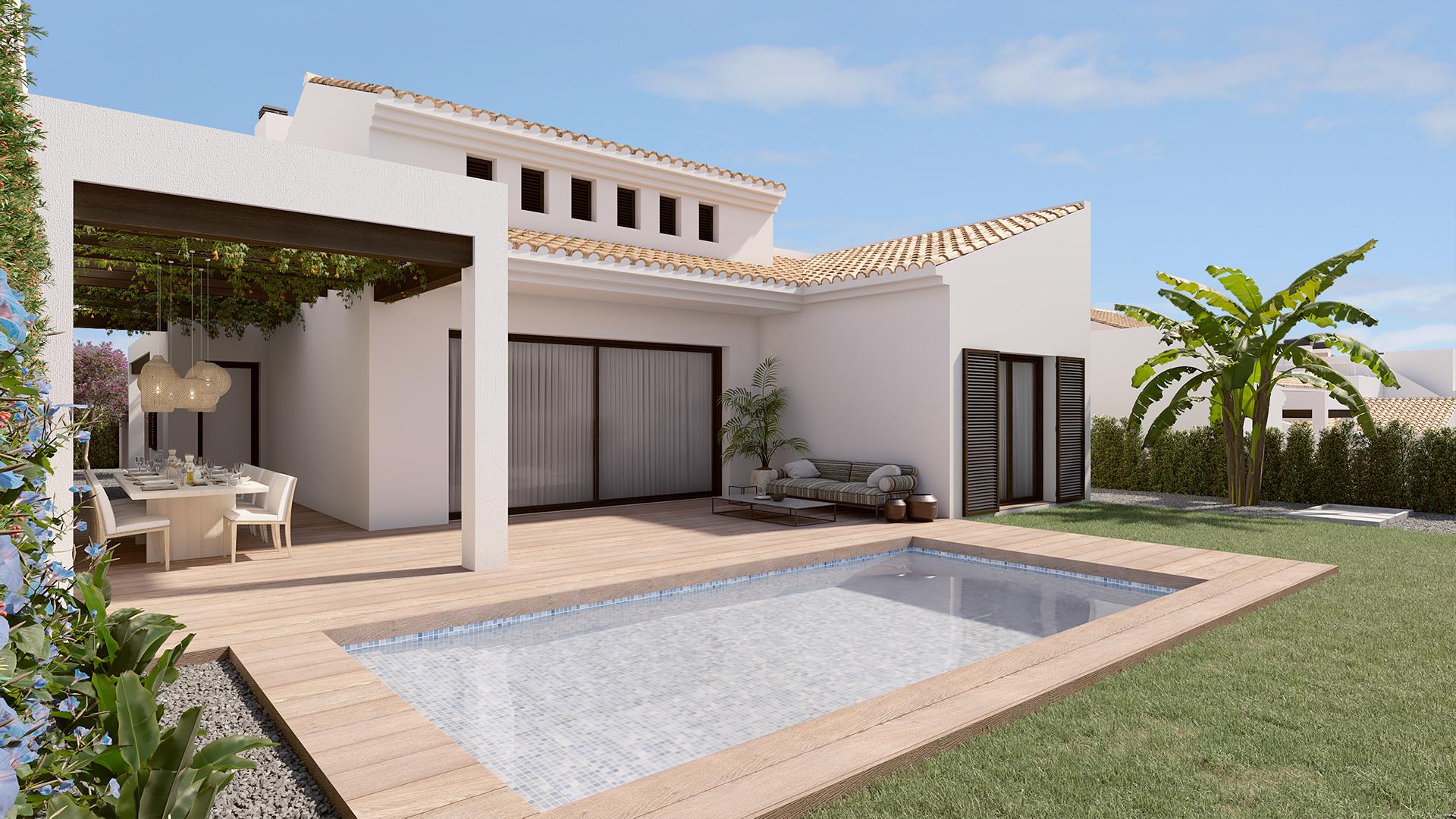 Side view of new-build villa exterior, Algorfa, Alicante