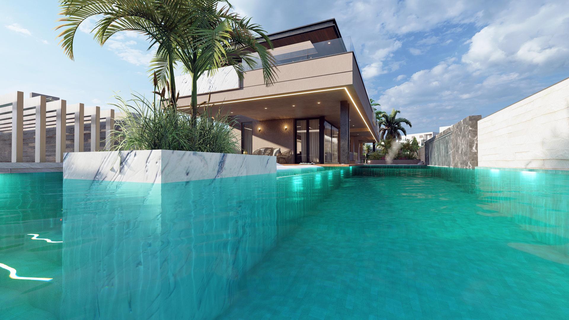Night-time exterior of new-build villa with lighting, El Higuerón