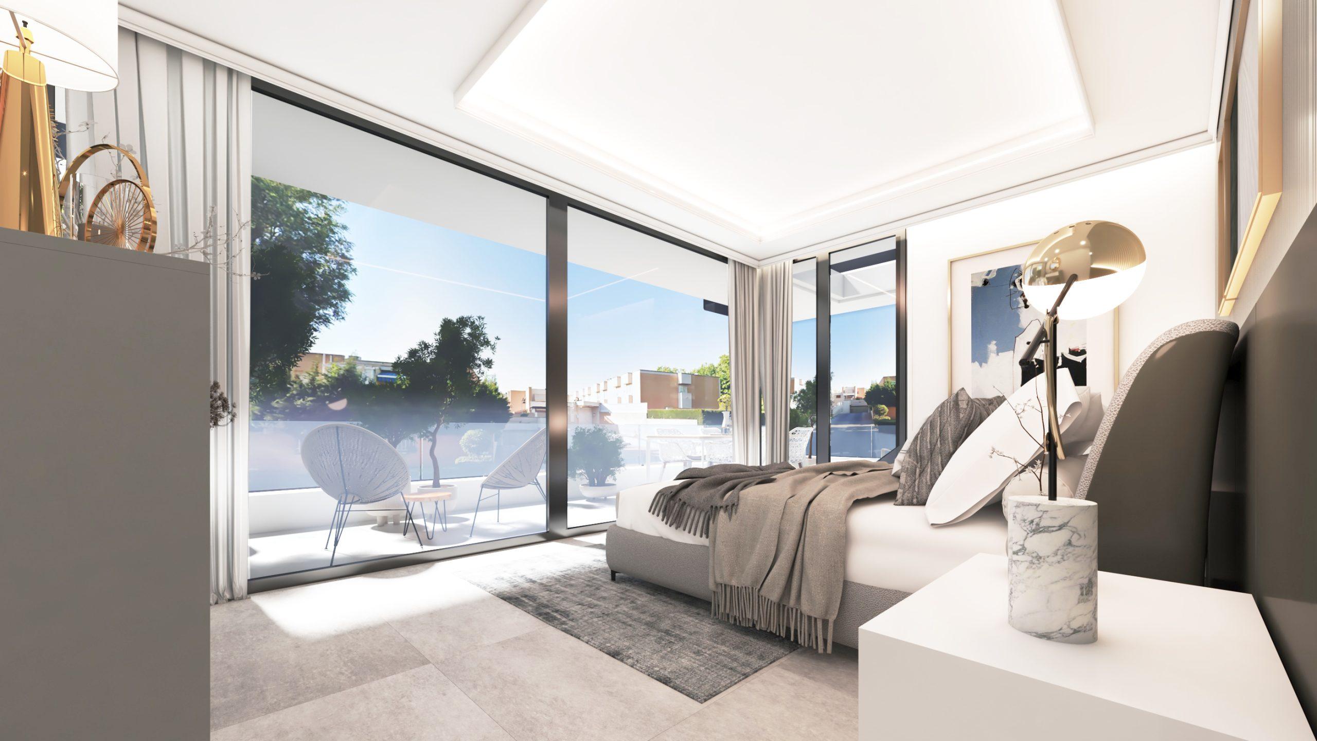 Living room with large glazed doors in new-build villa, El Higuerón