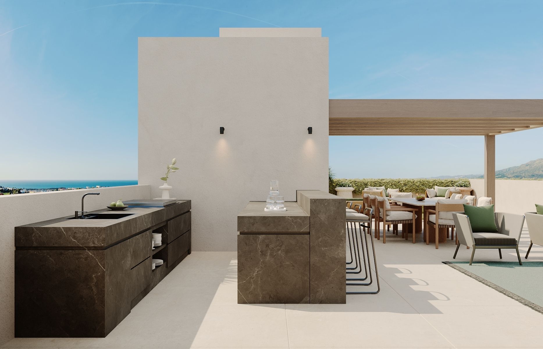 Kitchen island and dining area in 5-bedroom villa, San Pedro