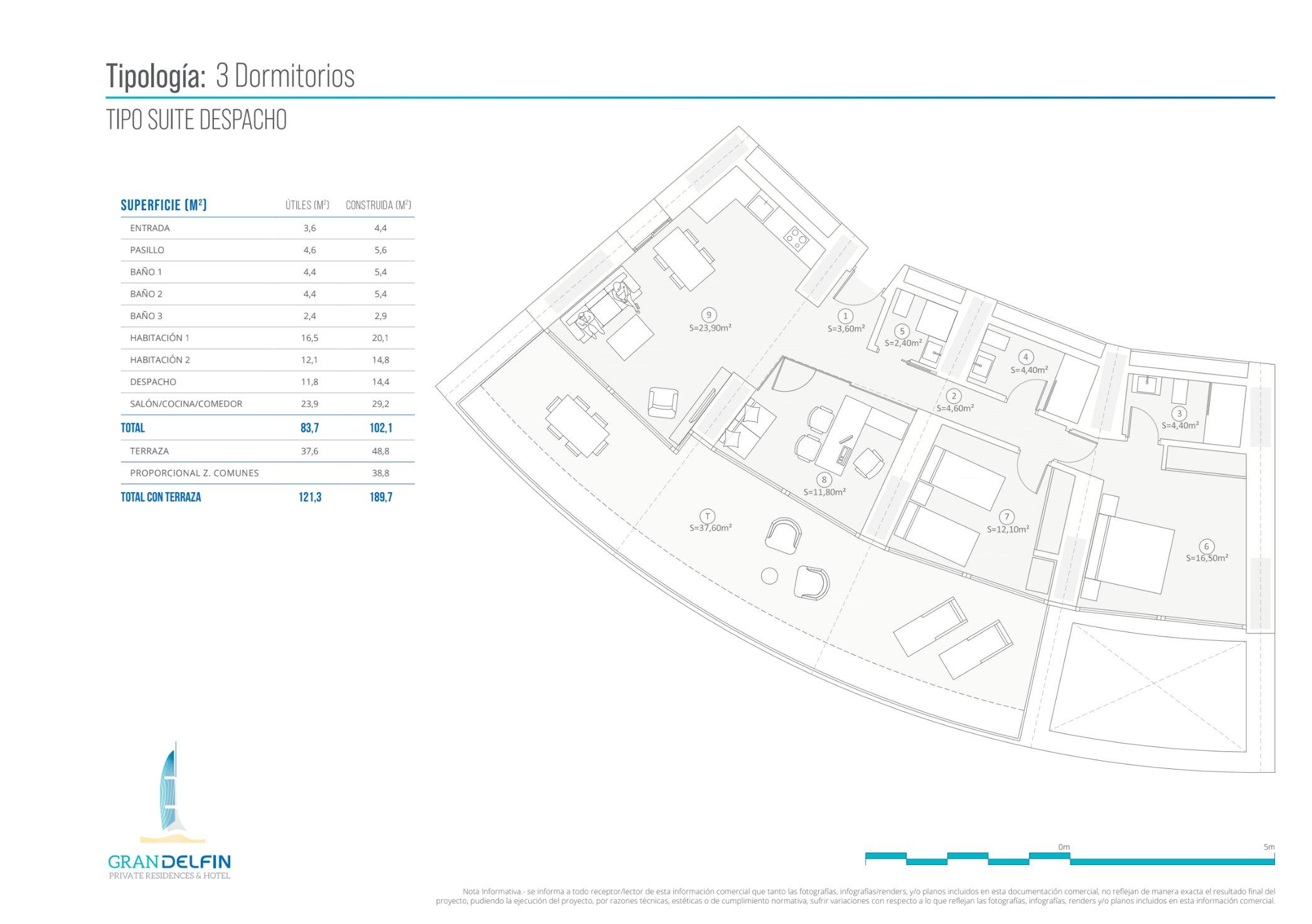Floor plan of the 2-bedroom apartment in Playa de Poniente