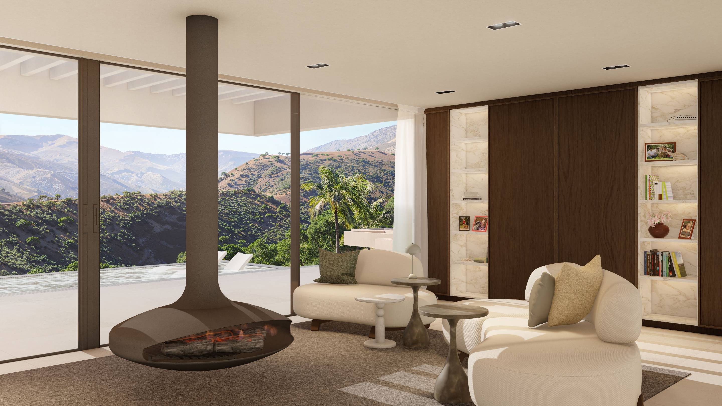 Main bedroom with floor-to-ceiling glazing in new-build villa, Montemayor, Benahavis