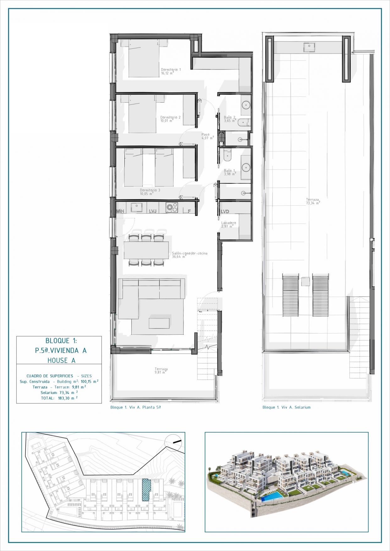Floor plan of the 3-bedroom penthouse in Las Salinas